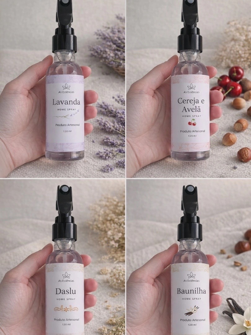 Quatro frascos de home spray da As Essências, cada um com um aroma