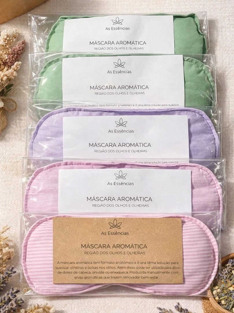 Máscaras aromáticas para os olhos em verde, lilás e rosa