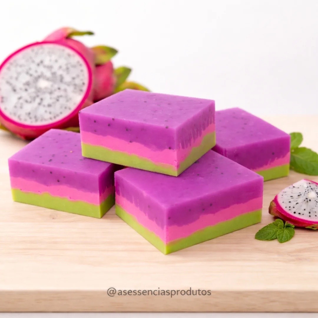 Sabonetes de pitaya em camadas roxa, rosa e verde